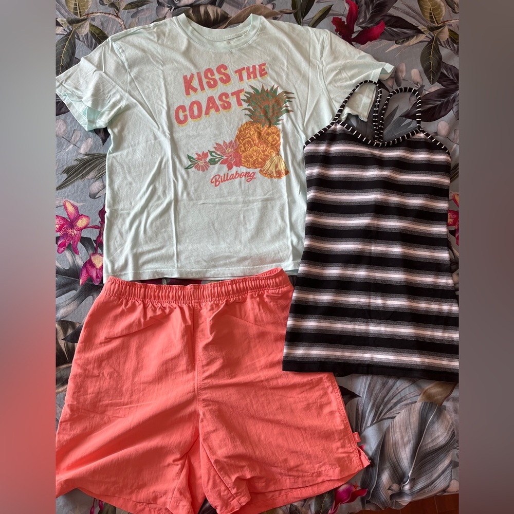 Billabong Mint Tee and Black Striped Tank with Coral Shorts